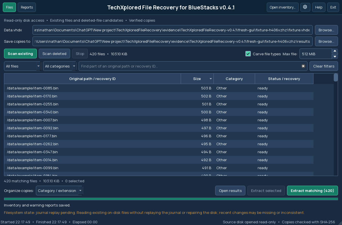 TechXplored File Recovery for BlueStacks showing its file list and extraction controls
