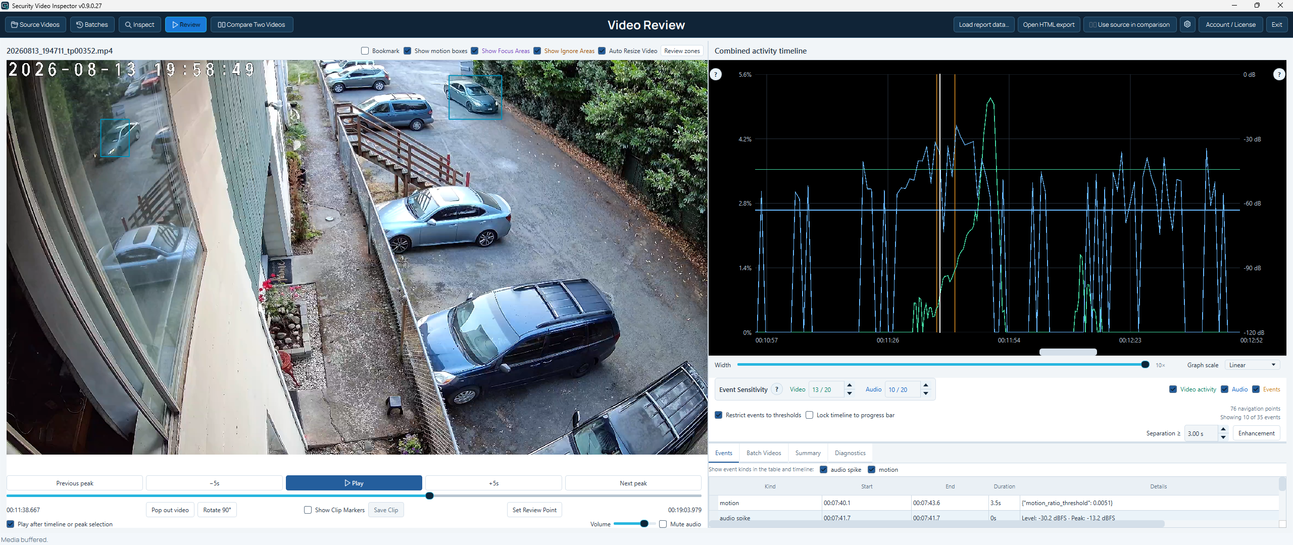 Security Video Inspector showing a recording, motion boxes and an activity timeline