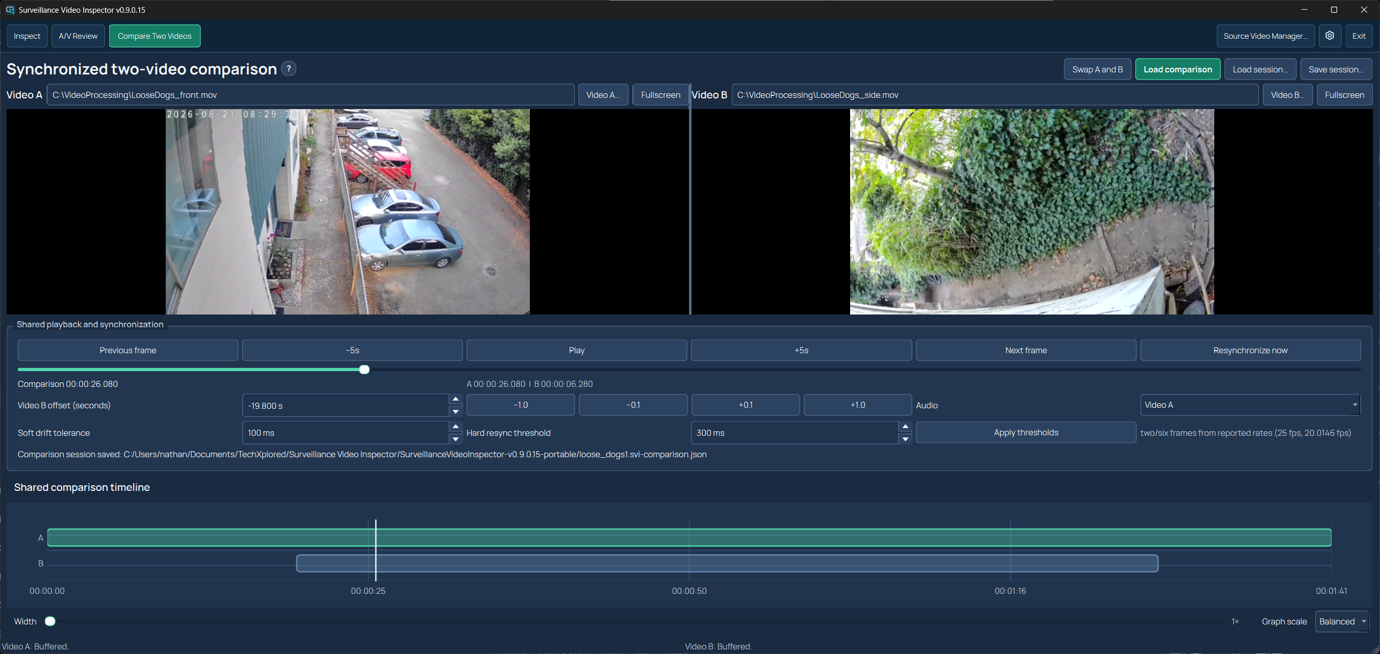 Security Video Inspector synchronized recording comparison with two camera views, shared playback, Video B offset, synchronization thresholds and a shared timeline