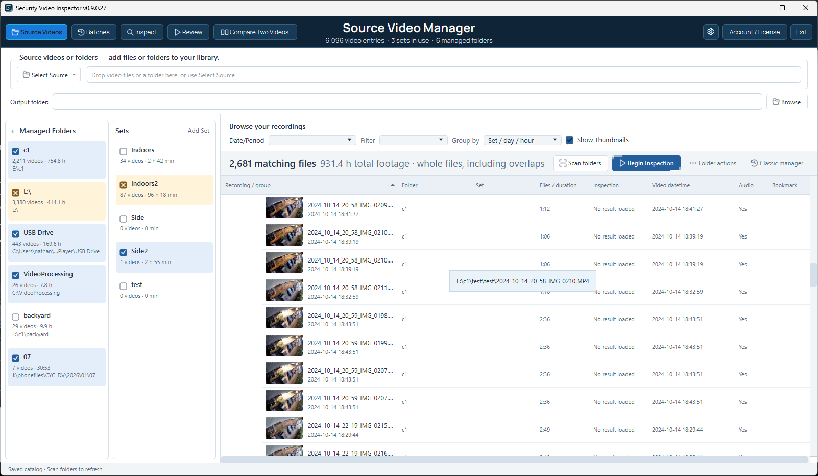 Security Video Inspector Source Video Manager showing managed folders, sets, thumbnails and inspection status